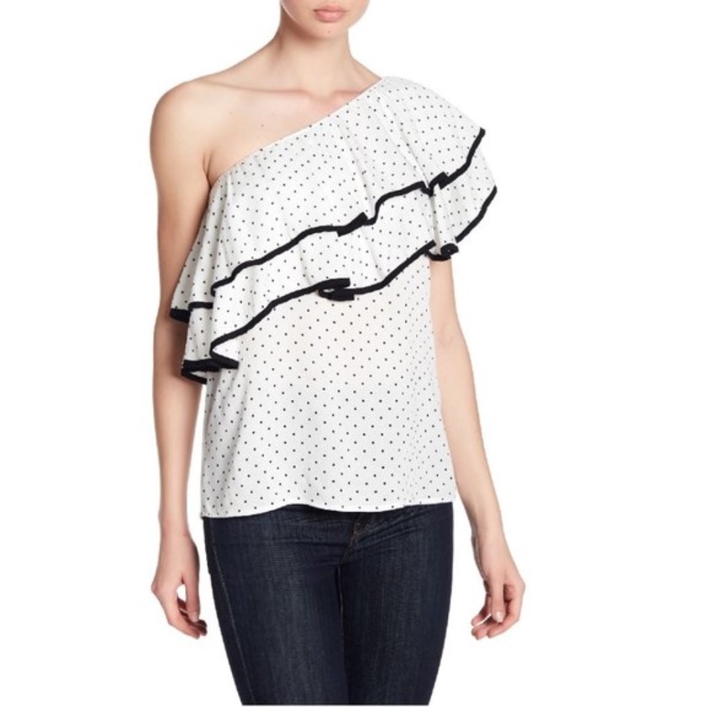 Ro & De Polkadot One Shoulder Ruffle Blouse